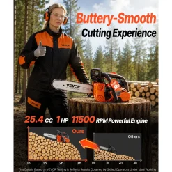 VEVOR Gas Powered Chainsaw 12 Inch 25.4CC 1HP 2 Stroke Engine Gas Chainsaw, for Wood Cutting, Tree Trimming & Land Clearing, Throttle-Synced Choke, Power Chain Saw with Non-Slip Handle & Dual Tanks