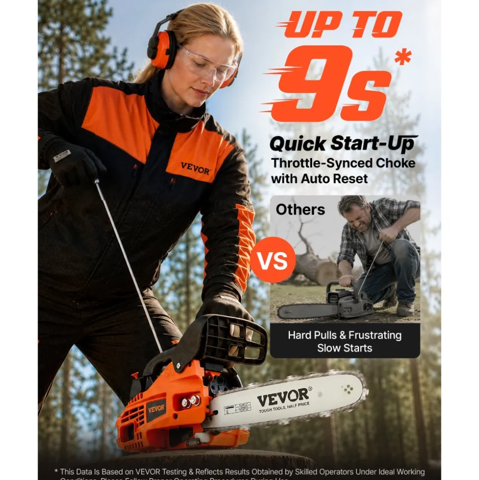 VEVOR Gas Powered Chainsaw 12 Inch 25.4CC 1HP 2 Stroke Engine Gas Chainsaw, for Wood Cutting, Tree Trimming & Land Clearing, Throttle-Synced Choke, Power Chain Saw with Non-Slip Handle & Dual Tanks