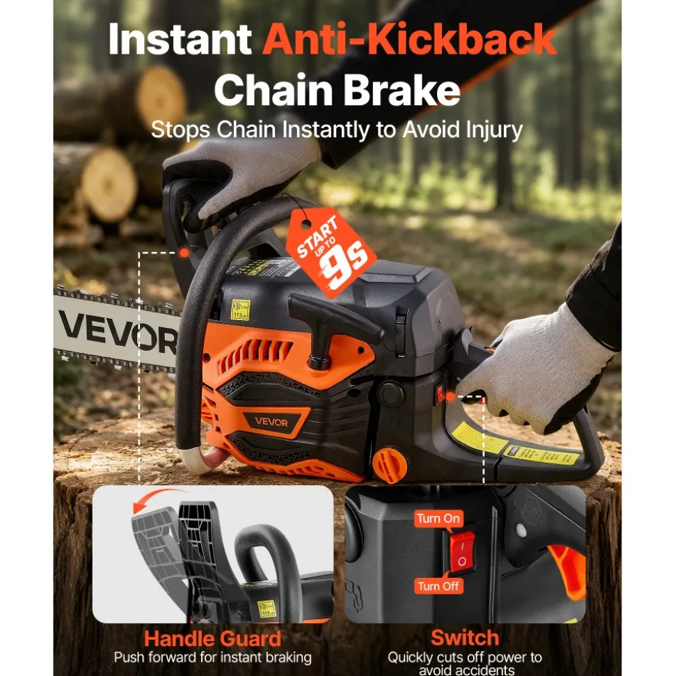 VEVOR Gas Powered Chainsaw 18 Inch 52CC 2.55HP 2 Stroke Engine Gas Chainsaw, for Wood Cutting, Tree Trimming & Land Clearing, Throttle-Synced Choke, Power Chain Saw with Non-Slip Handle & Dual Tanks