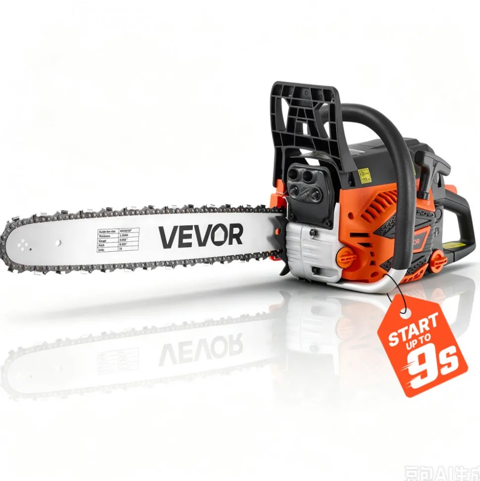 VEVOR Gas Powered Chainsaw 18 Inch 52CC 2.55HP 2 Stroke Engine Gas Chainsaw, for Wood Cutting, Tree Trimming & Land Clearing, Throttle-Synced Choke, Power Chain Saw with Non-Slip Handle & Dual Tanks