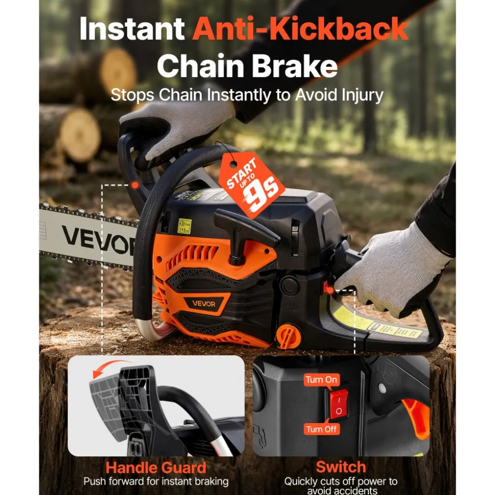 VEVOR Gas Powered Chainsaw 18 & 20 Inch 58CC 3.22HP 2 Stroke Engine Saw, for Wood Cutting, Tree Trimming & Land Clearing, Throttle-Synced Choke, Power Chain Saw with Non-Slip Handle & Dual Tanks