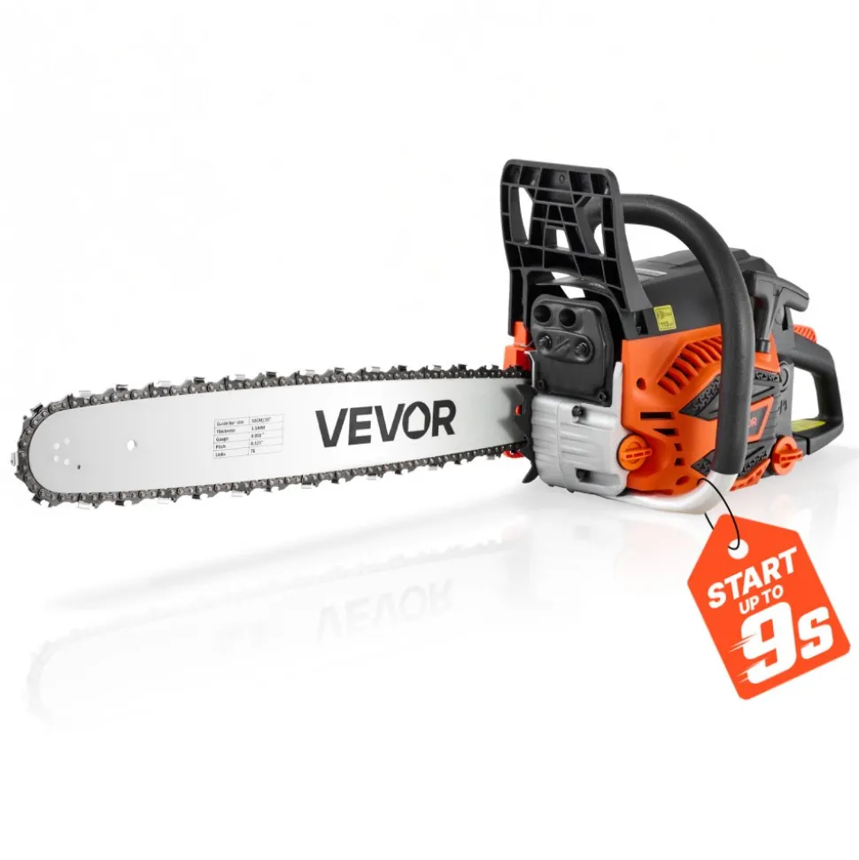 VEVOR Gas Powered Chainsaw 20 Inch 58CC 3.22HP 2 Stroke Engine Gas Chainsaw, for Wood Cutting, Tree Trimming & Land Clearing, Throttle-Synced Choke, Power Chain Saw with Non-Slip Handle & Dual Tanks