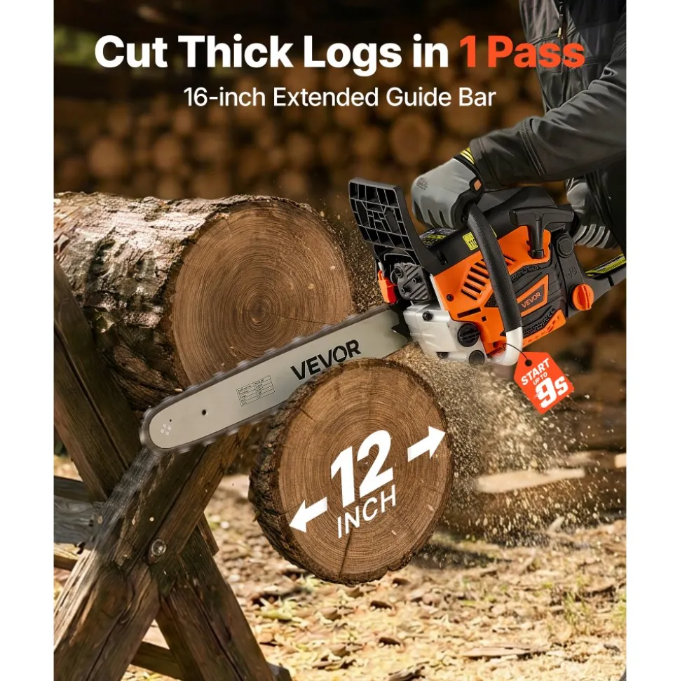VEVOR Gas Powered Chainsaw 16 Inch 40CC 1.75HP 2 Stroke Engine Gas Chainsaw, for Wood Cutting, Tree Trimming & Land Clearing, Throttle-Synced Choke, Power Chain Saw with Non-Slip Handle & Dual Tanks