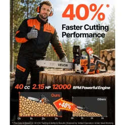 VEVOR Gas Powered Chainsaw 16 Inch 40CC 1.75HP 2 Stroke Engine Gas Chainsaw, for Wood Cutting, Tree Trimming & Land Clearing, Throttle-Synced Choke, Power Chain Saw with Non-Slip Handle & Dual Tanks