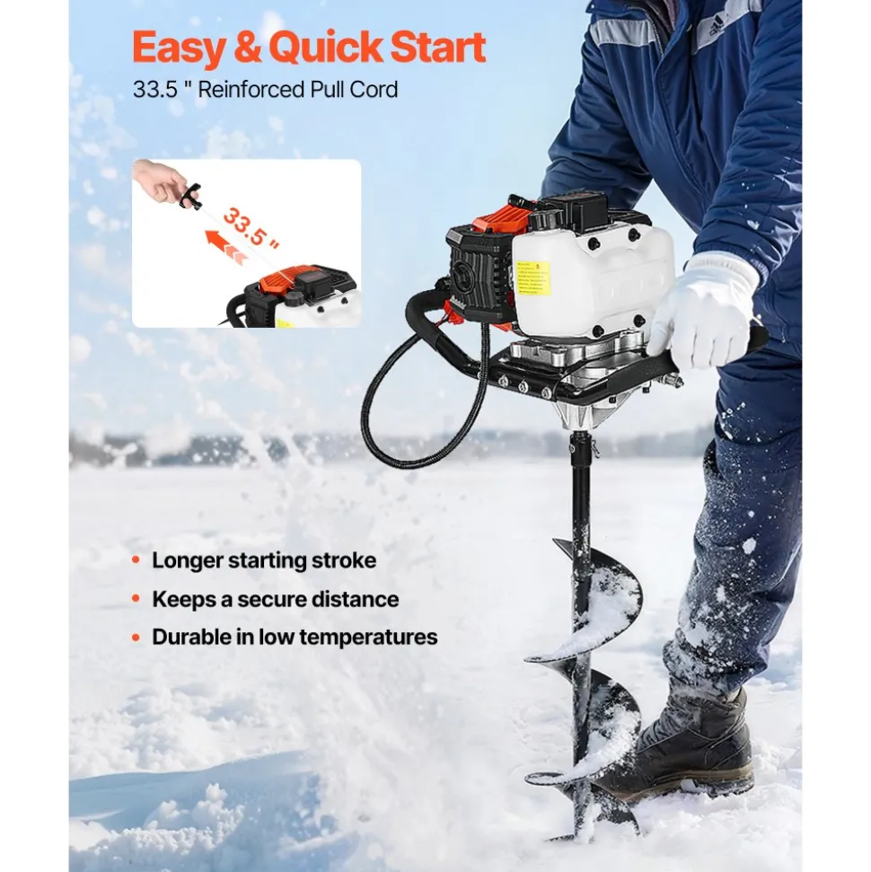 VEVOR Gas Powered Ice Auger, 52CC 2-Stroke Ice Fishing Augers with 8" Steel Drill Bit, Cold-Resistant & Portable Post Hole Digger, Precise and Fast Drilling Powerhead for Winter Fishing Rescue