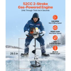 VEVOR Gas Powered Ice Auger, 52CC 2-Stroke Ice Fishing Augers with 8" Steel Drill Bit, Cold-Resistant & Portable Post Hole Digger, Precise and Fast Drilling Powerhead for Winter Fishing Rescue