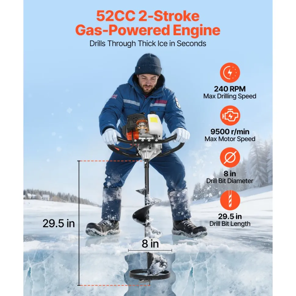 VEVOR Gas Powered Ice Auger, 52CC 2-Stroke Ice Fishing Augers with 8" Steel Drill Bit, Cold-Resistant & Portable Post Hole Digger, Precise and Fast Drilling Powerhead for Winter Fishing Rescue