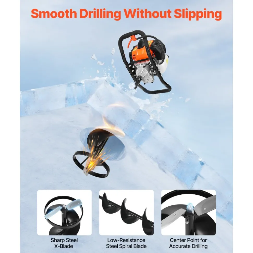 VEVOR Gas Powered Ice Auger, 52CC 2-Stroke Ice Fishing Augers with 8" Steel Drill Bit, Cold-Resistant & Portable Post Hole Digger, Precise and Fast Drilling Powerhead for Winter Fishing Rescue