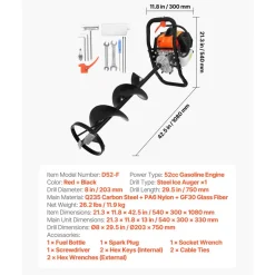VEVOR Gas Powered Ice Auger, 52CC 2-Stroke Ice Fishing Augers with 8