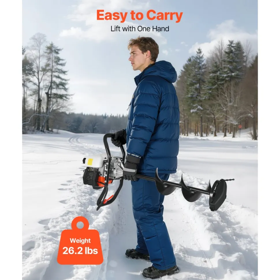 VEVOR Gas Powered Ice Auger, 52CC 2-Stroke Ice Fishing Augers with 8" Steel Drill Bit, Cold-Resistant & Portable Post Hole Digger, Precise and Fast Drilling Powerhead for Winter Fishing Rescue