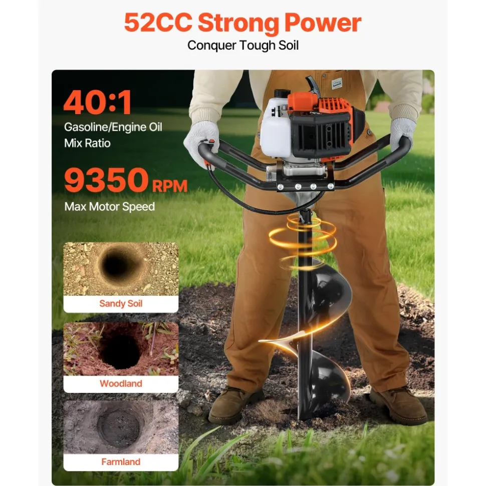 VEVOR Gas Powered Post Hole Digger, 52cc Post Hole Auger with 6" & 10" Bits, 3 Extension Rods, 1450W Heavy-Duty Earth Auger for Fence Posts, Deck / Pergola Posts, Plant / Tree Planting, EPA Listed