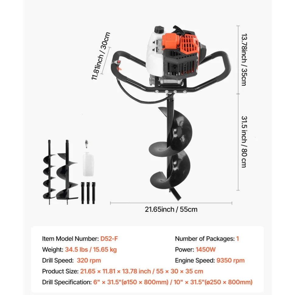 VEVOR Gas Powered Post Hole Digger, 52cc Post Hole Auger with 6" & 10" Bits, 3 Extension Rods, 1450W Heavy-Duty Earth Auger for Fence Posts, Deck / Pergola Posts, Plant / Tree Planting, EPA Listed