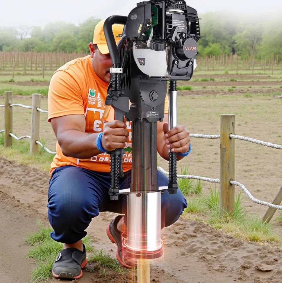 VEVOR Gas Powered T Post Driver, 37.7cc 4-Stroke Engine Efficient Post Pounder with 3 Piling Sleeves, Vibration-Reducing Handle, Heavy Duty Fence Pile Driver for Farm, Orchard, Road Work, Landscaping