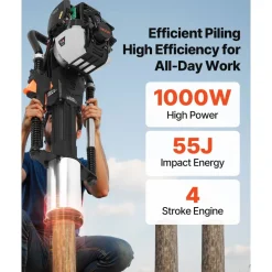 VEVOR Gas Powered T Post Driver, 37.7cc 4-Stroke Engine Efficient Post Pounder with 3 Piling Sleeves, Vibration-Reducing Handle, Heavy Duty Fence Pile Driver for Farm, Orchard, Road Work, Landscaping