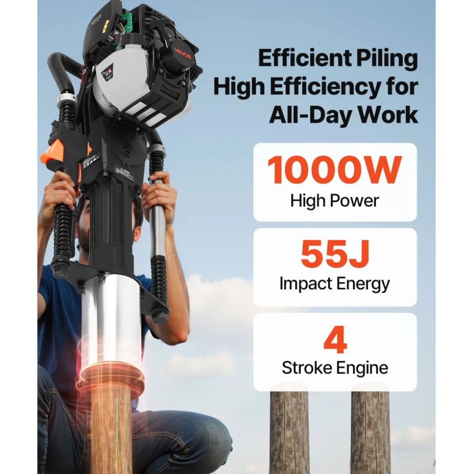 VEVOR Gas Powered T Post Driver, 37.7cc 4-Stroke Engine Efficient Post Pounder with 3 Piling Sleeves, Vibration-Reducing Handle, Heavy Duty Fence Pile Driver for Farm, Orchard, Road Work, Landscaping
