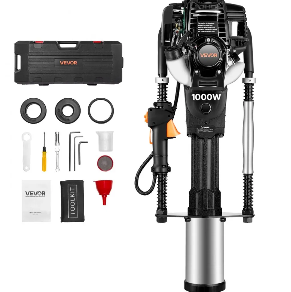 VEVOR Gas Powered T Post Driver, 37.7cc 4-Stroke Engine Efficient Post Pounder with 3 Piling Sleeves, Vibration-Reducing Handle, Heavy Duty Fence Pile Driver for Farm, Orchard, Road Work, Landscaping