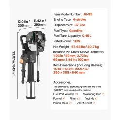 VEVOR Gas Powered T Post Driver, 37.7cc 4-Stroke Engine Efficient Post Pounder with 3 Piling Sleeves, Vibration-Reducing Handle, Heavy Duty Fence Pile Driver for Farm, Orchard, Road Work, Landscaping