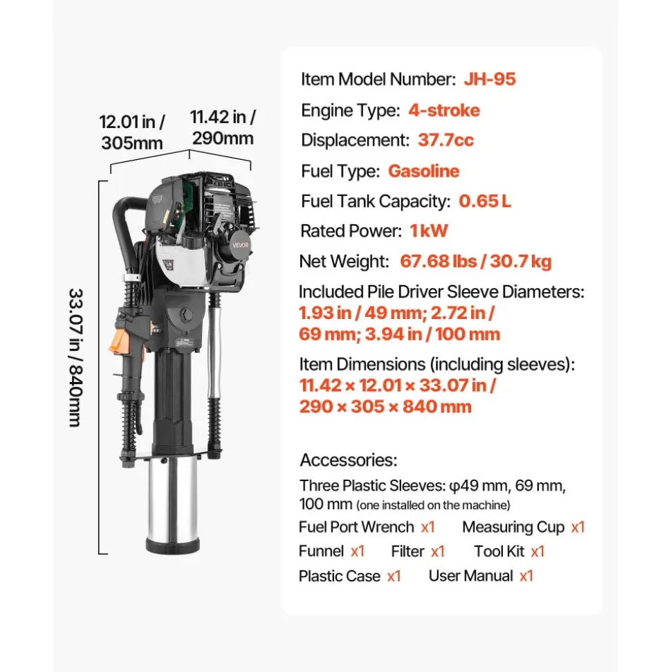 VEVOR Gas Powered T Post Driver, 37.7cc 4-Stroke Engine Efficient Post Pounder with 3 Piling Sleeves, Vibration-Reducing Handle, Heavy Duty Fence Pile Driver for Farm, Orchard, Road Work, Landscaping