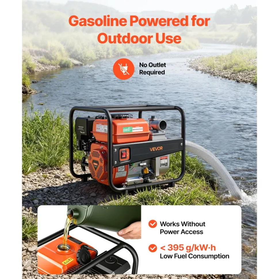VEVOR Gas Powered Water Pump, 2 in, 132 GPM 6.5HP Semi Trash Water Transfer Pump Portable, Gasoline Engine with 25 ft Discharge Hose, Heavy Duty Frame, Cast Iron Impeller, for Irrigation, Ponds, Pools