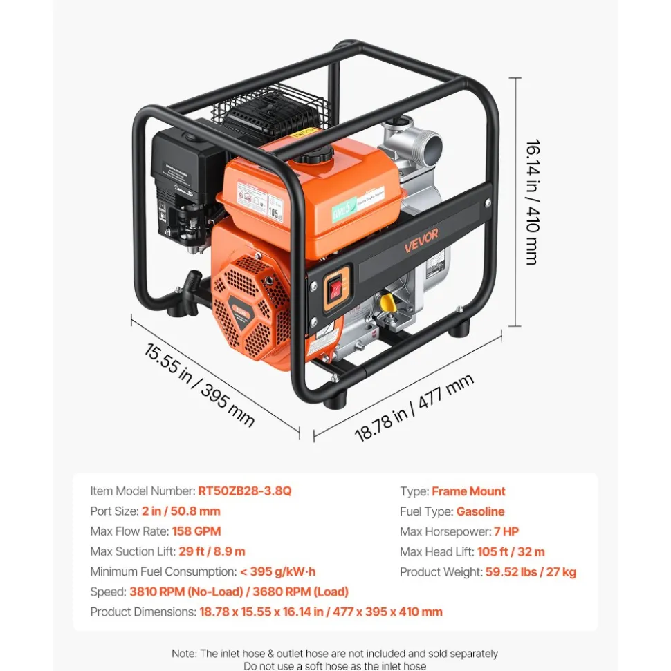 VEVOR Gas Powered Water Pump, 2 in, 132 GPM 6.5HP Semi Trash Water Transfer Pump Portable, Gasoline Engine with 25 ft Discharge Hose, Heavy Duty Frame, Cast Iron Impeller, for Irrigation, Ponds, Pools