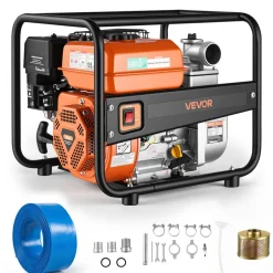 VEVOR Gas Powered Water Pump, 2 in, 132 GPM 6.5HP Semi Trash Water Transfer Pump Portable, Gasoline Engine with 25 ft Discharge Hose, Heavy Duty Frame, Cast Iron Impeller, for Irrigation, Ponds, Pools