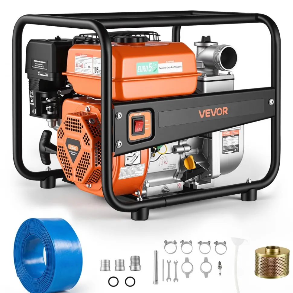 VEVOR Gas Powered Water Pump, 2 in, 132 GPM 6.5HP Semi Trash Water Transfer Pump Portable, Gasoline Engine with 25 ft Discharge Hose, Heavy Duty Frame, Cast Iron Impeller, for Irrigation, Ponds, Pools