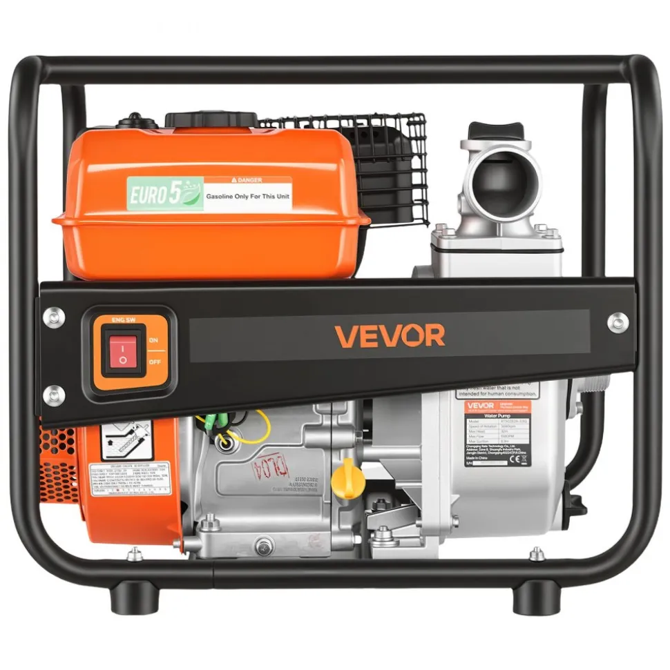 VEVOR Gas Powered Water Pump, 2 in, 132 GPM 6.5HP Semi Trash Water Transfer Pump Portable, Gasoline Engine with 25 ft Discharge Hose, Heavy Duty Frame, Cast Iron Impeller, for Irrigation, Ponds, Pools