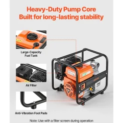 VEVOR Gas Powered Water Pump, 2 in, 132 GPM 6.5HP Semi Trash Water Transfer Pump Portable, Gasoline Engine with 25 ft Discharge Hose, Heavy Duty Frame, Cast Iron Impeller, for Irrigation, Ponds, Pools