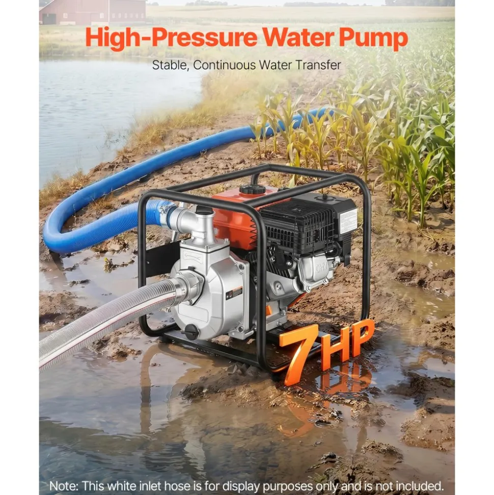 VEVOR Gas Powered Water Pump, 2 in, 132 GPM 6.5HP Semi Trash Water Transfer Pump Portable, Gasoline Engine with 25 ft Discharge Hose, Heavy Duty Frame, Cast Iron Impeller, for Irrigation, Ponds, Pools