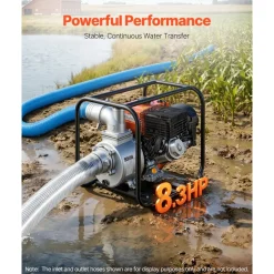 VEVOR Gas Powered Water Pump, 4 in, 422 GPM 8.3HP Semi Trash Water Transfer Pump Portable, Gasoline Engine with 25 ft Discharge Hose, Heavy Duty Frame, Cast Iron Impeller, for Irrigation, Ponds, Pools