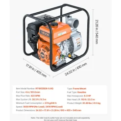 VEVOR Gas Powered Water Pump, 4 in, 422 GPM 8.3HP Semi Trash Water Transfer Pump Portable, Gasoline Engine with 25 ft Discharge Hose, Heavy Duty Frame, Cast Iron Impeller, for Irrigation, Ponds, Pools