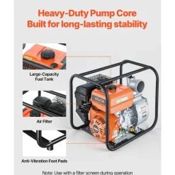 VEVOR Gas Powered Water Pump, 4 in, 422 GPM 8.3HP Semi Trash Water Transfer Pump Portable, Gasoline Engine with 25 ft Discharge Hose, Heavy Duty Frame, Cast Iron Impeller, for Irrigation, Ponds, Pools