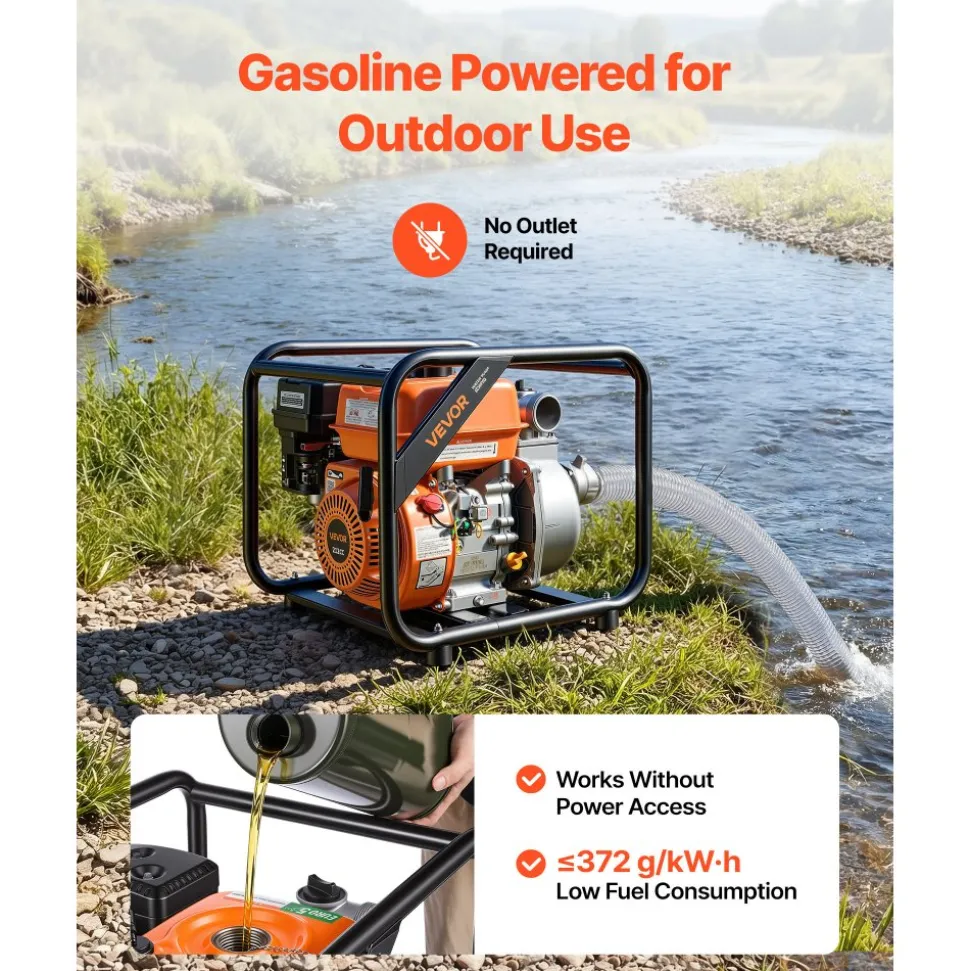 VEVOR Gas Powered Water Pump, 2 in, 132 GPM 7HP Semi Trash Water Transfer Pump Portable, Gasoline Engine with 25 ft Discharge Hose, Heavy Duty Frame, Cast Iron Impeller, for Irrigation, Ponds, Pools