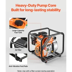 VEVOR Gas Powered Water Pump, 2 in, 132 GPM 7HP Semi Trash Water Transfer Pump Portable, Gasoline Engine with 25 ft Discharge Hose, Heavy Duty Frame, Cast Iron Impeller, for Irrigation, Ponds, Pools