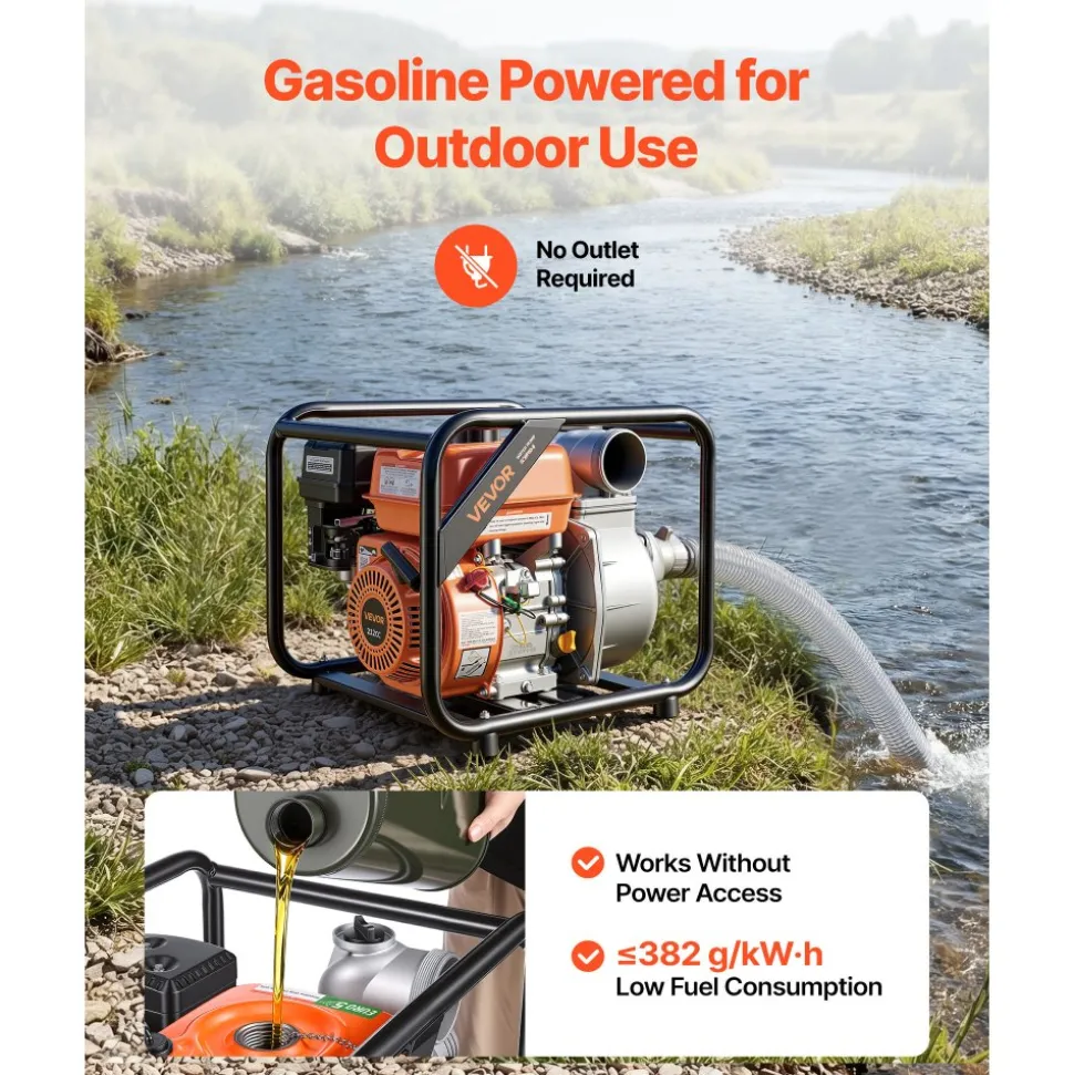 VEVOR Gas Powered Water Pump, 3 in, 242 GPM 7HP Semi Trash Water Transfer Pump Portable, Gasoline Engine with 25 ft Discharge Hose, Heavy Duty Frame, Cast Iron Impeller, for Irrigation, Ponds, Pools