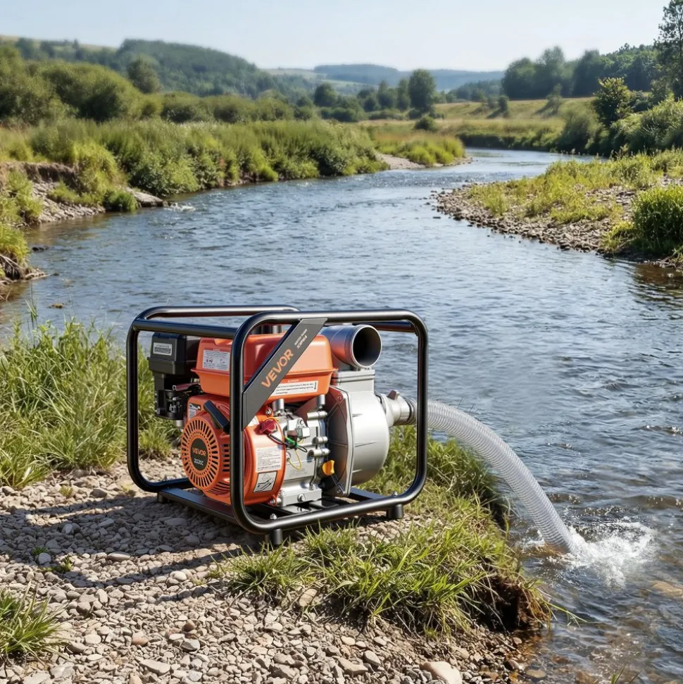VEVOR Gas Powered Water Pump, 3 in, 242 GPM 7HP Semi Trash Water Transfer Pump Portable, Gasoline Engine with 25 ft Discharge Hose, Heavy Duty Frame, Cast Iron Impeller, for Irrigation, Ponds, Pools