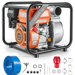 VEVOR Gas Powered Water Pump, 3 in, 242 GPM 7HP Semi Trash Water Transfer Pump Portable, Gasoline Engine with 25 ft Discharge Hose, Heavy Duty Frame, Cast Iron Impeller, for Irrigation, Ponds, Pools