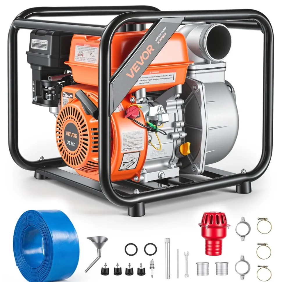 VEVOR Gas Powered Water Pump, 3 in, 242 GPM 7HP Semi Trash Water Transfer Pump Portable, Gasoline Engine with 25 ft Discharge Hose, Heavy Duty Frame, Cast Iron Impeller, for Irrigation, Ponds, Pools
