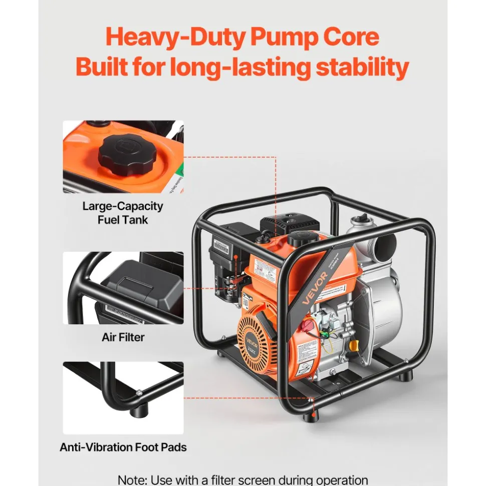 VEVOR Gas Powered Water Pump, 3 in, 242 GPM 7HP Semi Trash Water Transfer Pump Portable, Gasoline Engine with 25 ft Discharge Hose, Heavy Duty Frame, Cast Iron Impeller, for Irrigation, Ponds, Pools