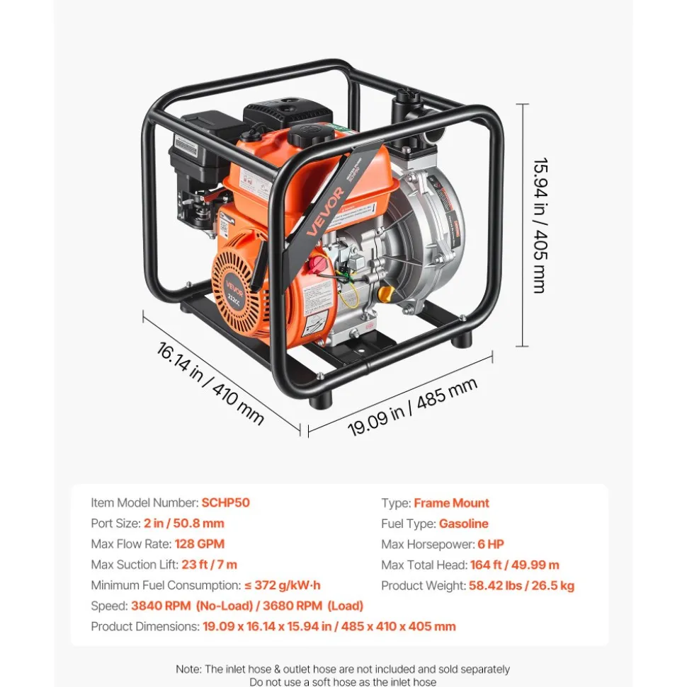 VEVOR Gas Powered Water Pump, 2 in, 128 GPM 6HP Semi Trash Water Transfer Pump Portable, Gasoline Engine with 25 ft Discharge Hose, Heavy Duty Frame, Cast Iron Impeller, for Irrigation, Ponds, Pools