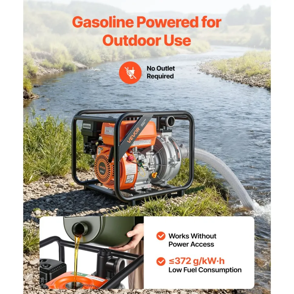 VEVOR Gas Powered Water Pump, 2 in, 128 GPM 6HP Semi Trash Water Transfer Pump Portable, Gasoline Engine with 25 ft Discharge Hose, Heavy Duty Frame, Cast Iron Impeller, for Irrigation, Ponds, Pools