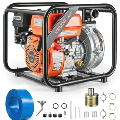 VEVOR Gas Powered Water Pump, 2 in, 128 GPM 6HP Semi Trash Water Transfer Pump Portable, Gasoline Engine with 25 ft Discharge Hose, Heavy Duty Frame, Cast Iron Impeller, for Irrigation, Ponds, Pools