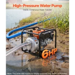 VEVOR Gas Powered Water Pump, 2 in, 128 GPM 6HP Semi Trash Water Transfer Pump Portable, Gasoline Engine with 25 ft Discharge Hose, Heavy Duty Frame, Cast Iron Impeller, for Irrigation, Ponds, Pools