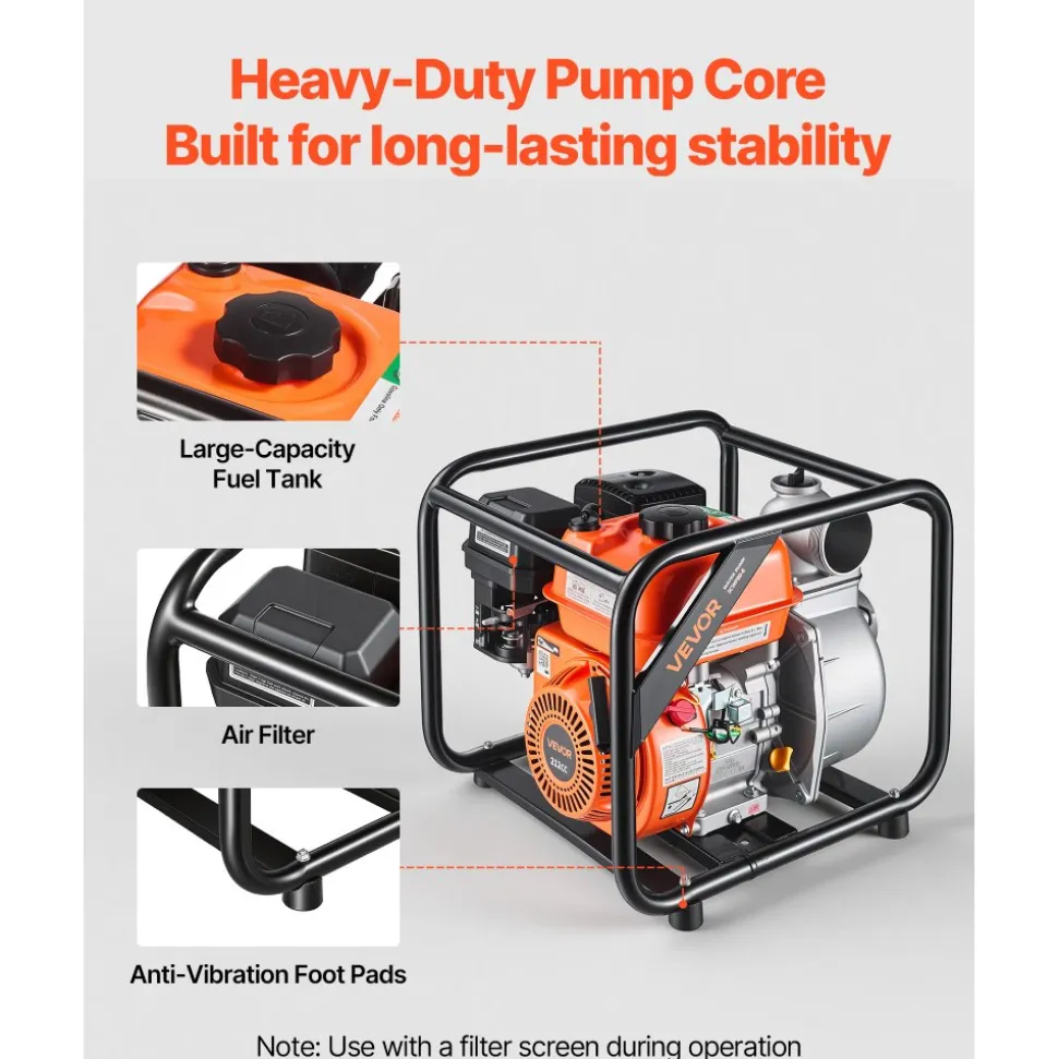 VEVOR Gas Powered Water Pump, 3 in, 264 GPM 7HP Semi Trash Water Transfer Pump Portable, Gasoline Engine with 25 ft Discharge Hose, Heavy Duty Frame, Cast Iron Impeller, for Irrigation, Ponds, Pools