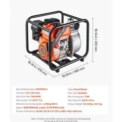 VEVOR Gas Powered Water Pump, 3 in, 264 GPM 7HP Semi Trash Water Transfer Pump Portable, Gasoline Engine with 25 ft Discharge Hose, Heavy Duty Frame, Cast Iron Impeller, for Irrigation, Ponds, Pools
