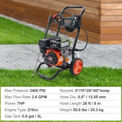 VEVOR Gas Pressure Washer, 3400 PSI 2.6 GPM, Gas Powered Pressure Washer with Aluminum Pump, Spray Gun and Extension Wand, 5 Quick Connect Nozzles, for Cleaning Cars, Homes, Driveways, Patios