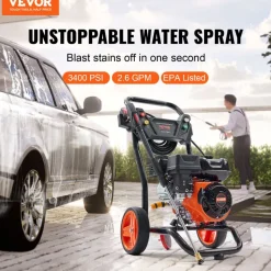 VEVOR Gas Pressure Washer, 3400 PSI 2.6 GPM, Gas Powered Pressure Washer with Aluminum Pump, Spray Gun and Extension Wand, 5 Quick Connect Nozzles, for Cleaning Cars, Homes, Driveways, Patios