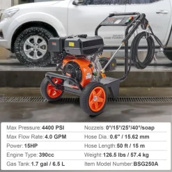 VEVOR Gas Pressure Washer, 4400 PSI 4.0 GPM, Gas Powered Pressure Washer with Copper Pump, Spray Gun and Extension Wand, 5 Quick Connect Nozzles, for Cleaning Cars, Homes, Driveways, Patios