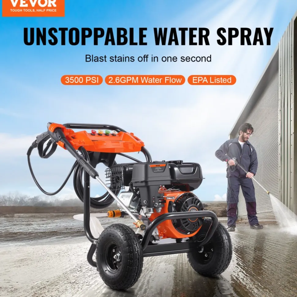 VEVOR Gas Pressure Washer, 3500 PSI 2.6 GPM, Gas Powered Pressure Washer with Aluminum Pump, Spray Gun and Extension Wand, 5 Nozzle Set, for Cars, Fences, Homes, Driveways, Patios, Furniture, Horizontal