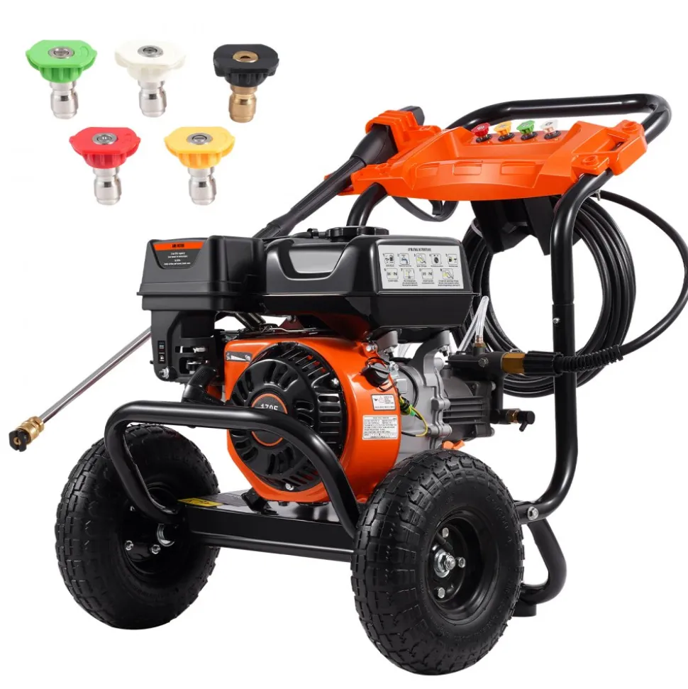 VEVOR Gas Pressure Washer, 3500 PSI 2.6 GPM, Gas Powered Pressure Washer with Aluminum Pump, Spray Gun and Extension Wand, 5 Nozzle Set, for Cars, Fences, Homes, Driveways, Patios, Furniture, Horizontal